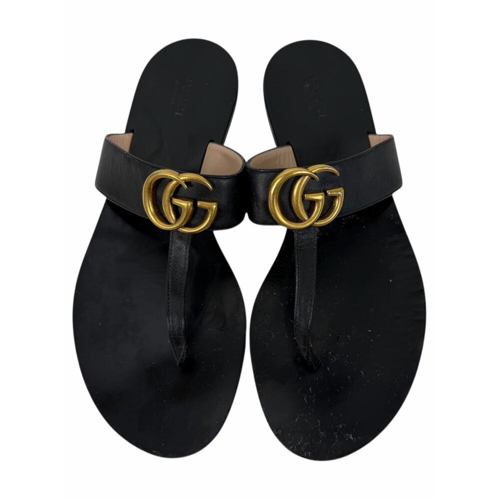 Gucci Black Leather Thong Sandal Gold Double G Logo Size 38.5 - Picture 4 of 13